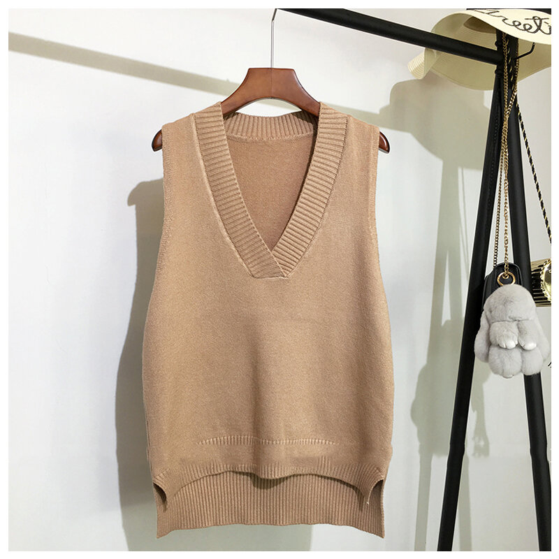 Suéter de punto para mujer, chaleco sin mangas con cuello en V, liso, coreano, salvaje suelto, informal, Rosa