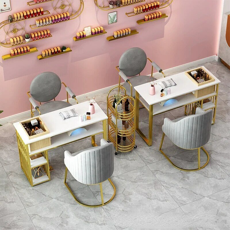 Mesa y silla de madera sólida de doble capa, combinación de tienda de uñas con cajones, mesa de uñas económica, juego de mesas doradas