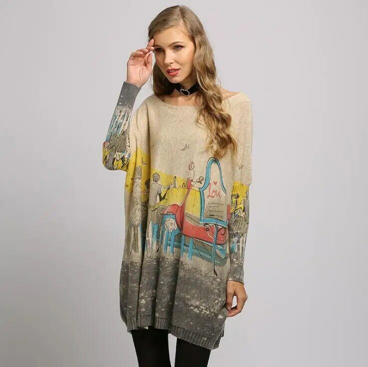 Женский трикотажный свитер, свободное вязаное платье-пуловер с принтом счастливой улыбки, весна-осень, K1462