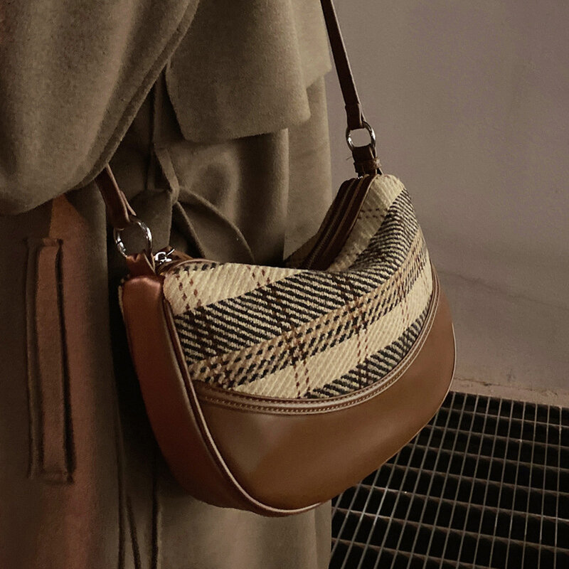 Модная дамская сумка-мессенджер, портативная Роскошная Ретро сумка на молнии в клетку, женская сумочка с темным карманом в форме пельменей, ...
