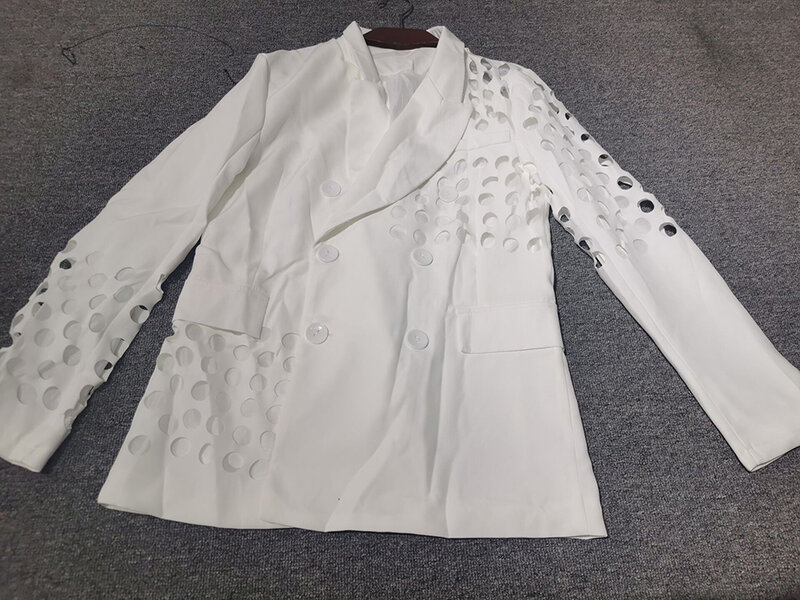 Blazer blanco calado con doble botonadura para mujer, chaqueta ajustada de manga larga con solapa, moda informal para mujer, ropa de otoño 2021