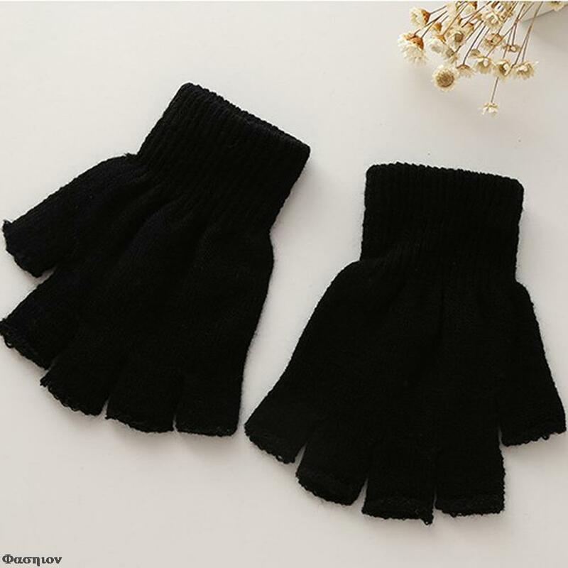 Guante de muñeca de punto de lana sin dedos para hombre y mujer, guantes cálidos de invierno, medio dedo, color negro, a la moda