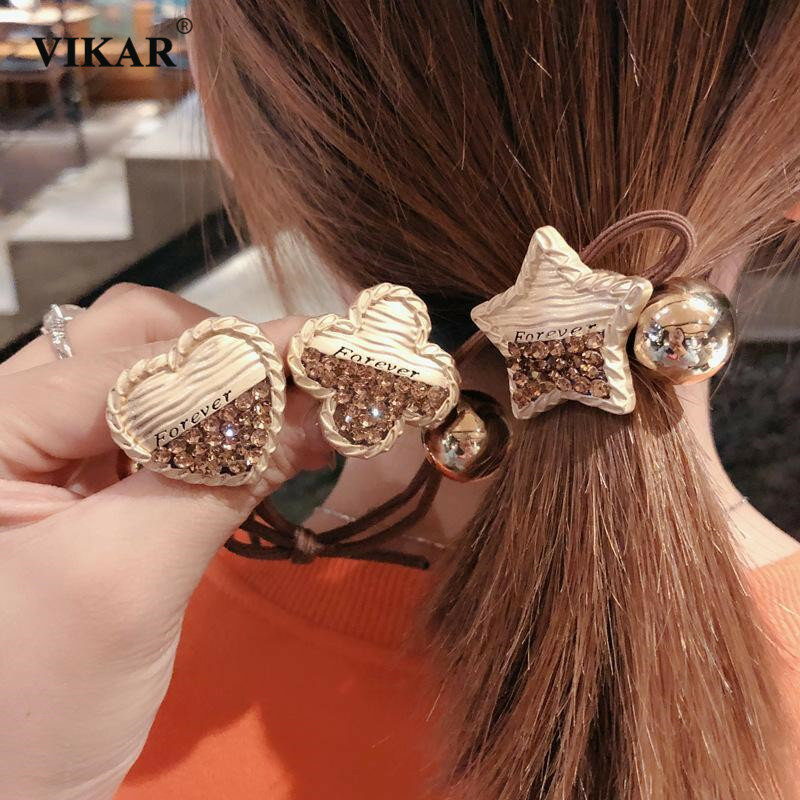 Nieuwe Vrouwen Leuke Pentagram Hart Elastische Haarbanden Kristal Strass Chouchou Set Haar Touwen Fashion Haar Accessoires Hoofddeksels