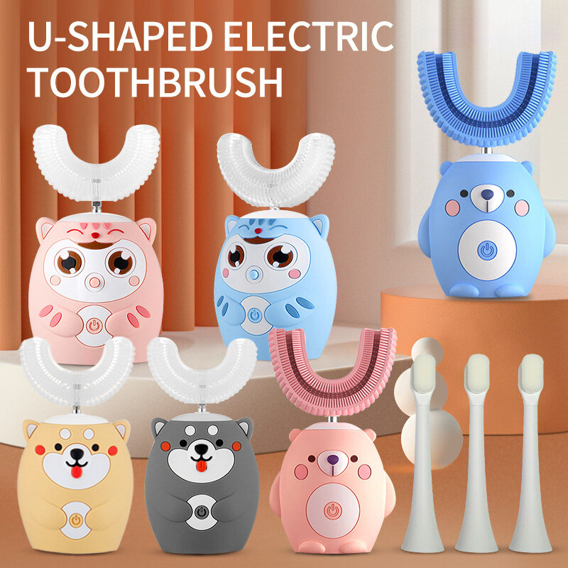 Cepillo de dientes eléctrico de silicona para chicos, ultrasónico, automático, con patrón de dibujos animados, inteligente, 360 grados, U