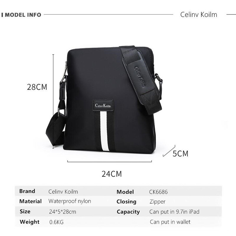 CeIinv Kilom Brand Men Messenger Bag Business Shoulder Waterproof nylon Vintage Crossbody office work Satchel Bag For iPad Black