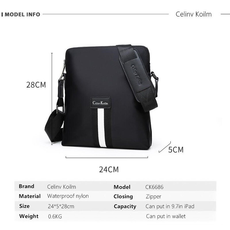 CeIinv Kilom di Marca del Messaggero Degli Uomini di sacchetto di Affari Del Sacchetto di Spalla di nylon Impermeabile Vintage Crossbody ufficio lavoro Satchel Bag Per iPad Nero