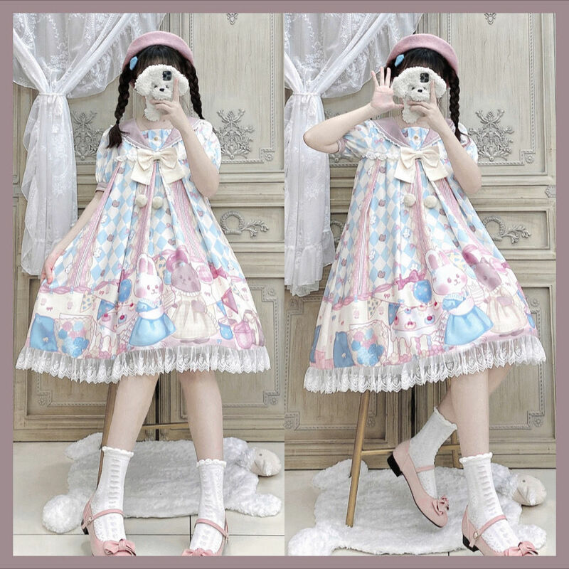 Kawaii japanische Lolita Vintage Kleid Hase Druck Lolita Kleid Frauen weichen Mädchen Stil niedlichen Prinzessin Spitze Kleid niedlichen Party kleid