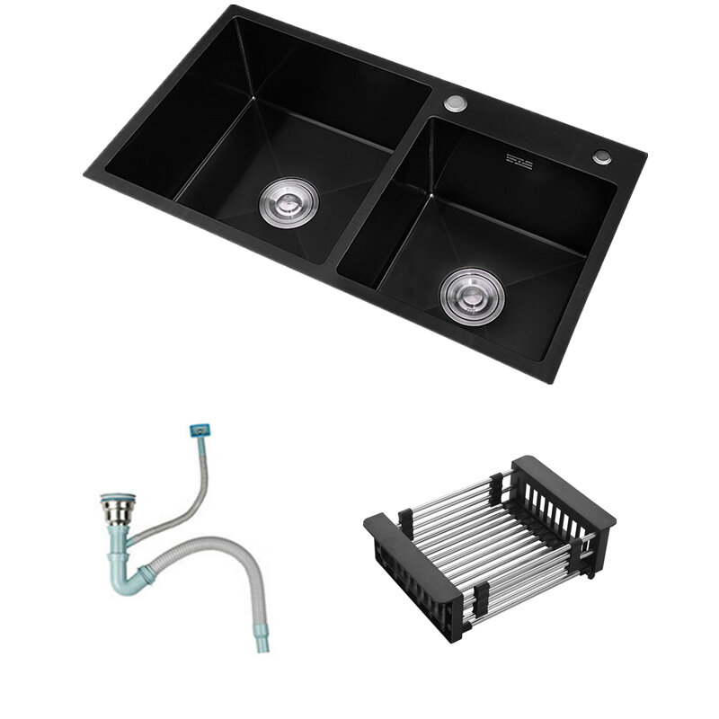 Fregadero de cocina de acero inoxidable 304, fregadero de cocina doble de color negro, con montaje sobre Encimera y lavabo para lavar verduras, sin grifo