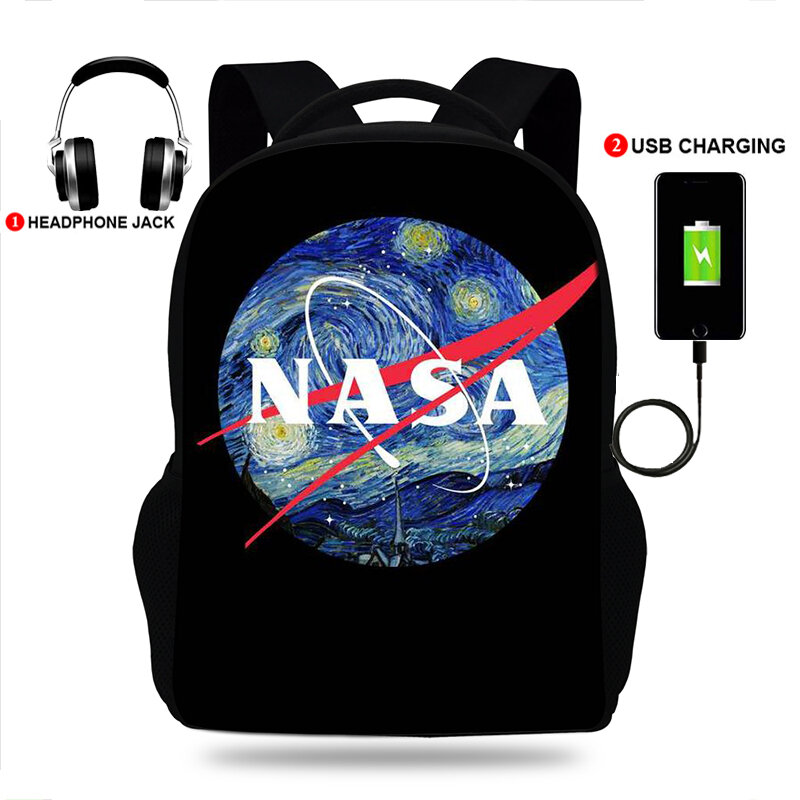 Dostosowany nowy plecak z ładowarką USB NASAA drukuj uczniowie tornister komputerowy Mochila dla nastolatka