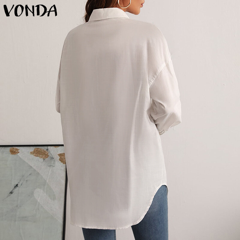 Women Casual Long Sleeve Shirts VONDA 2021 Blouse Office Ladies Blouse Solid Color Bohemian Blusas Femininas Elegant Tops