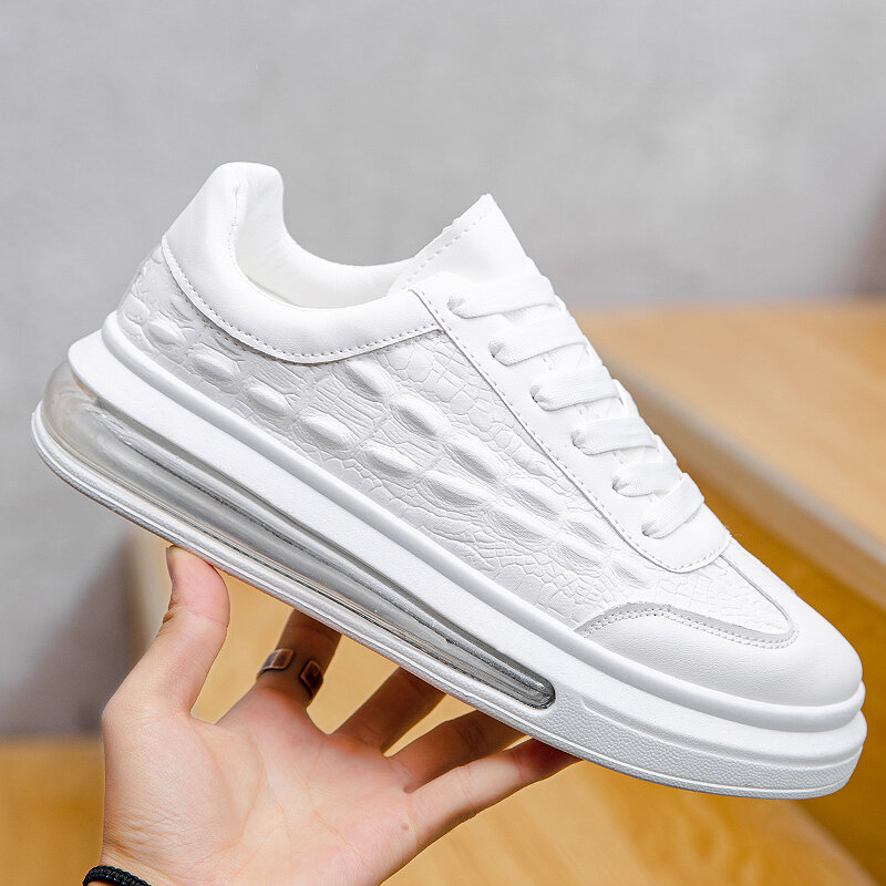 Men Air Cushion Shoe Soft Leather Outdoor Walking Sneakers Comfort Shock Absorption White Shoes Platform Casual Flats