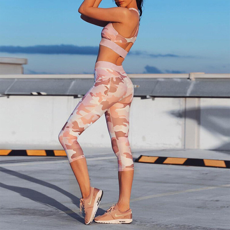 2 pçs impressão sem costura conjunto de yoga calças capri + sutiã fitness gym wear ativo leggings camo workout ternos esportivos