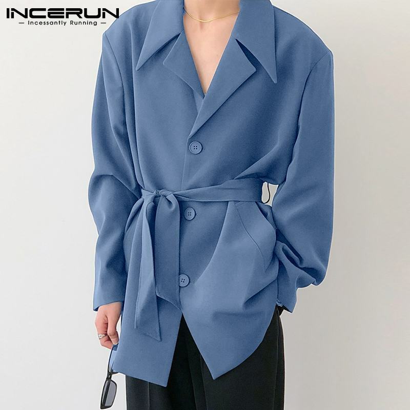 INCERUN-Blusa de Color liso con cuello en punta para hombre, Blazer sencillo de longitud media con cinturón sólido que combina con todo, Tops de S-5XL, 2022