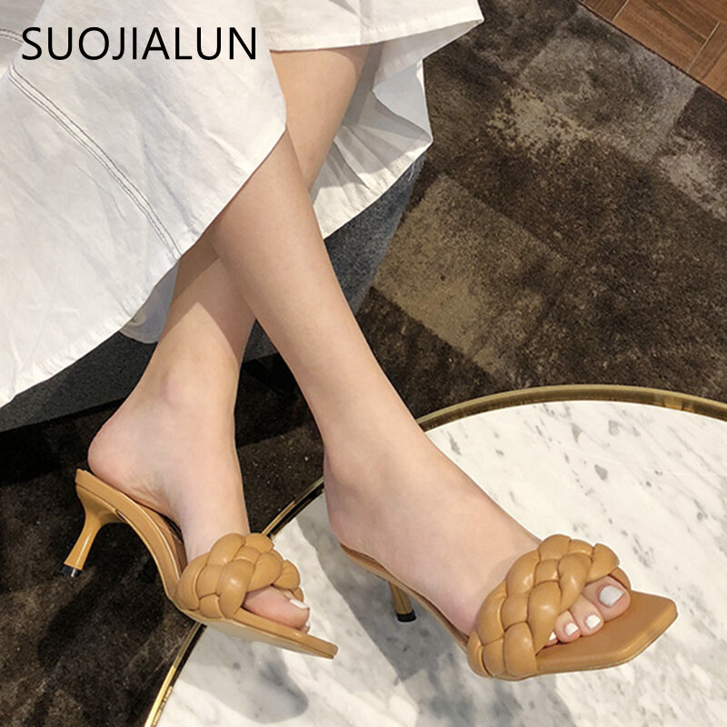 SUOJIALUN 2020 새로운 디자인 직조 여성 슬리퍼 숙녀 얇은 하이힐 샌들 오픈 발가락 슬립 여름 야외 슬라이드 플립 플롭 신발