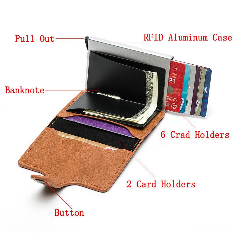 Customized Name Aluminum Box Case Wallet Credit Card Holder RFID Blocking Wallets Business Men Leather Wallet Cards Holder Purse