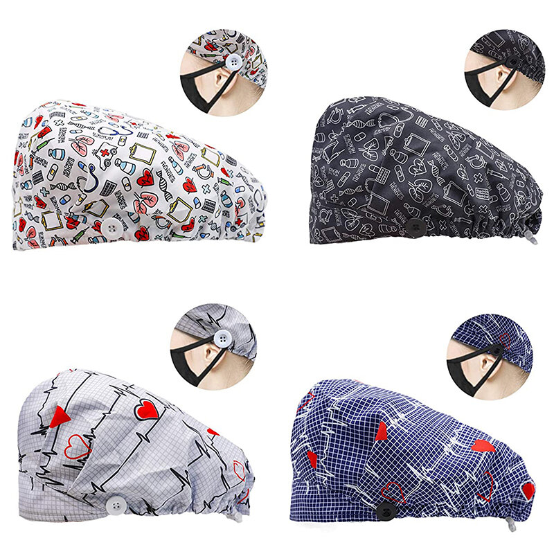 Scrub Caps with Buttons Printed Cotton Sweatband Hats For Women Hair Cover Adjustable Nursing Workwear Bouffant Caps Accessories