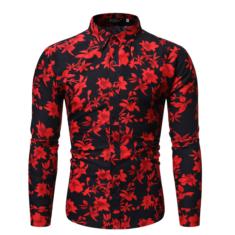 Heren Zwart Rood Bloemenprint Shirts 2021 Herfst Nieuwe Slim Fit Lange Mouw Overhemd Mannen Casual Hawaiian Shirt Camisas hombre Xxl