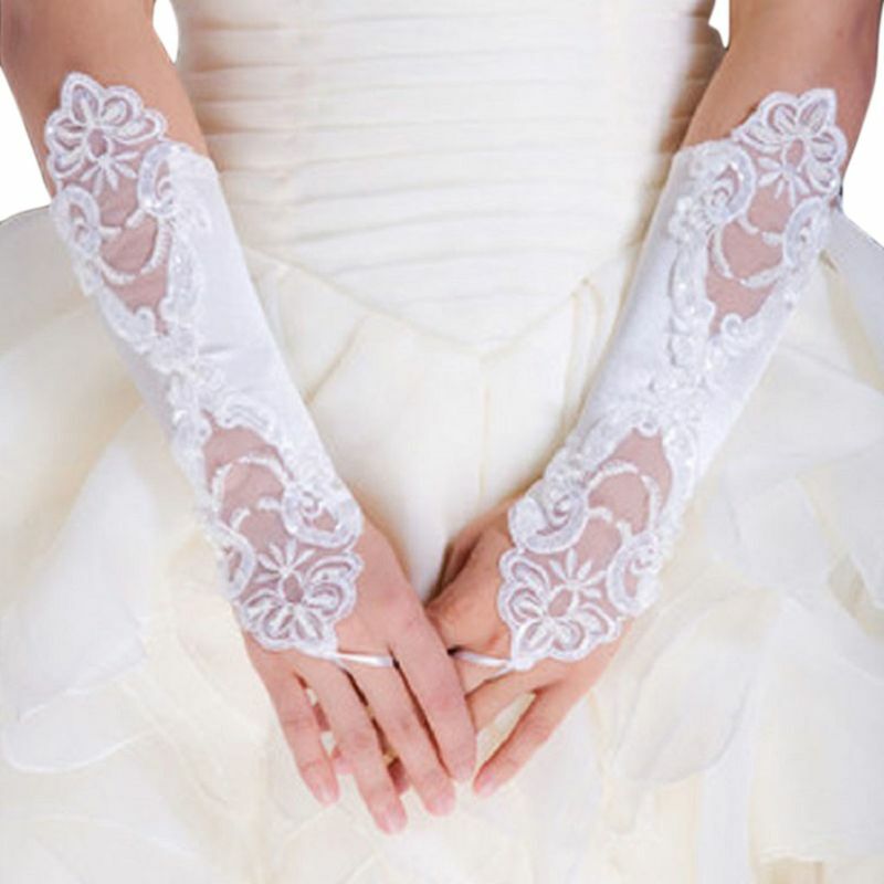 Женские свадебные длинные перчатки без пальцев, с вышивкой, кружевом, блестками и блестками, однотонные рукавицы длиной до локтя, с крючком, ...