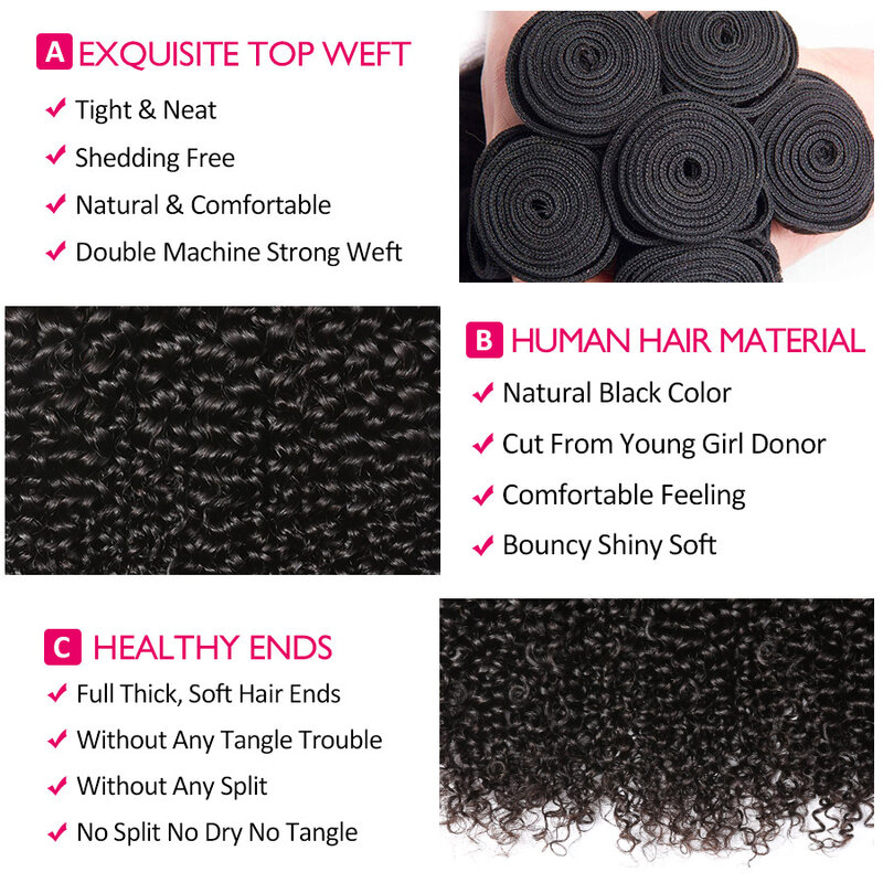 Tissage en lot brésilien Remy naturel crépu bouclé, Extensions de cheveux humains pour femmes noires, 8-32 pouces, 1 3 4 pièces