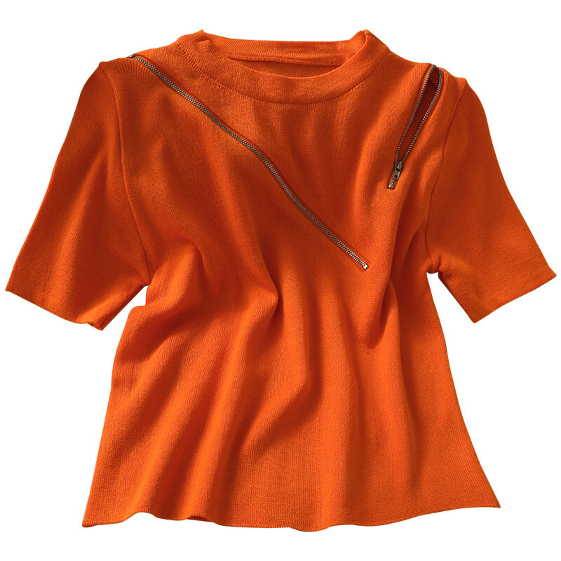 T-shirt Rajut Pendek Hollow-Out Desain Ritsleting Minoritas Perancis T-shirt Leher Bulat All-Matching Lengan Pendek Baru Wanita