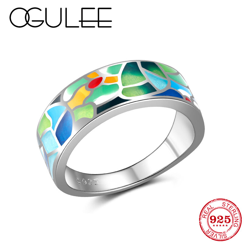 OGULEE-새로운 반지 실버 925 유화 목가적 스타일 여성 패션 주얼리 선물 925 스털링 실버 반지 에나멜 수제