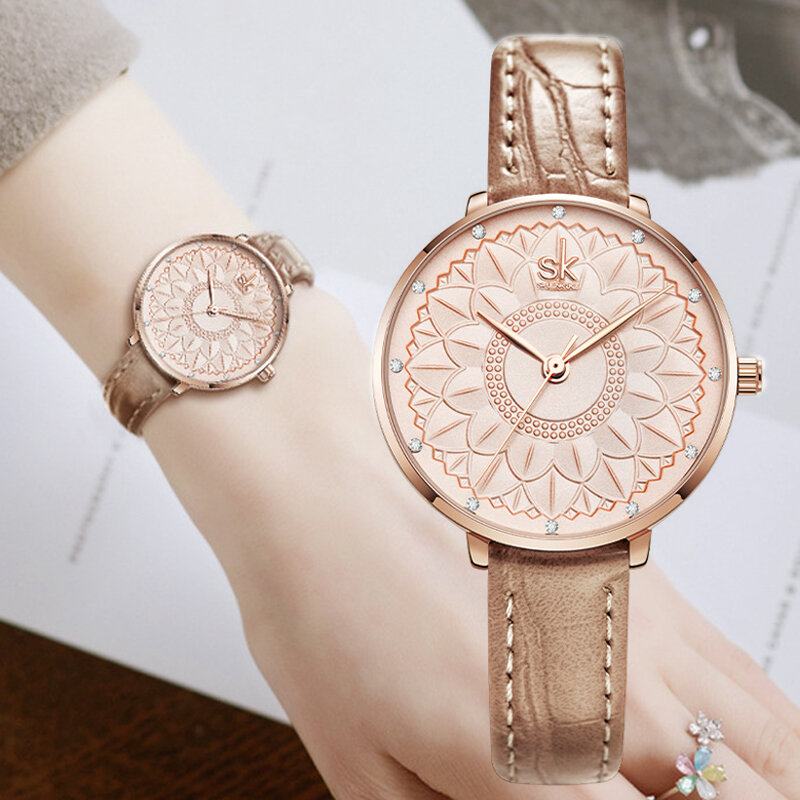 Vrouwen Horloges Luxe Diamant Bloemen Oppervlak Quartz Horloges Voor Vrouwen Lederen Dunne Grote Sport Wijzerplaat Horloge Dames Reloj Mujer