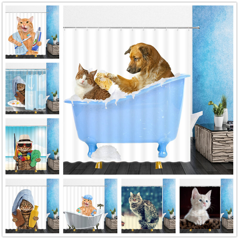 Cortinas de ducha con Animal divertido para decoración del hogar, juego de cortinas colgantes de tela de poliéster con ganchos, para baño, Gato y mascota
