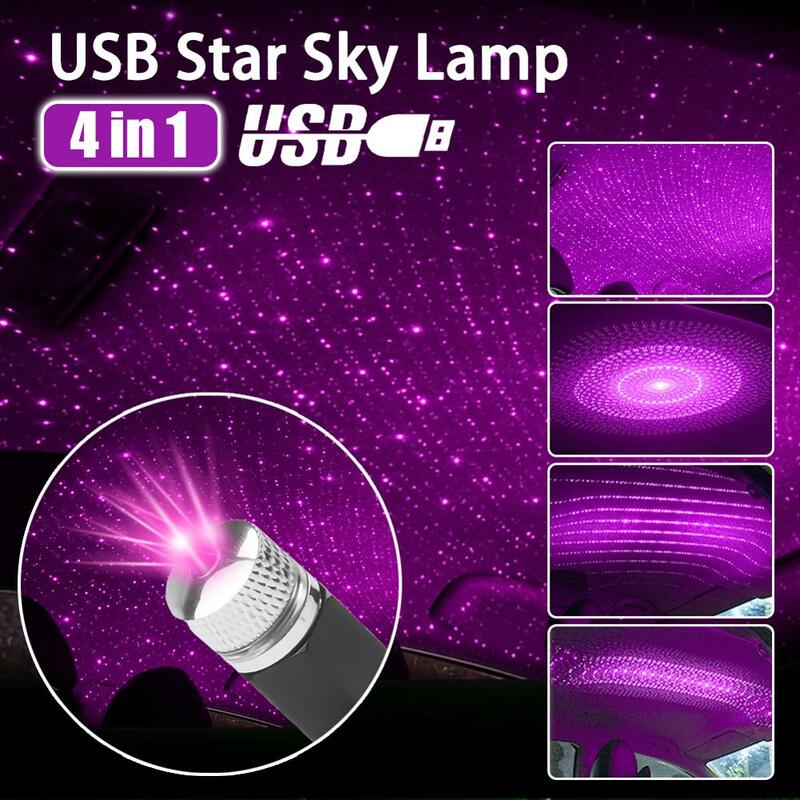 4 w 1 USB na dach samochodowy atmosfera gwieździste niebo lampa Ambient gwiazdka lekki projektor LED fioletowy noc regulowany wiele efektów świetlnych