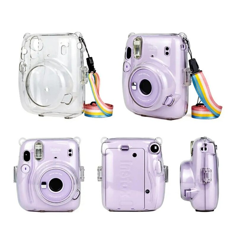 Protective Clear Case Crystal Camera Case with Adjustable Rainbow Shoulder Strap  for Fujifilm Instax Mini 11