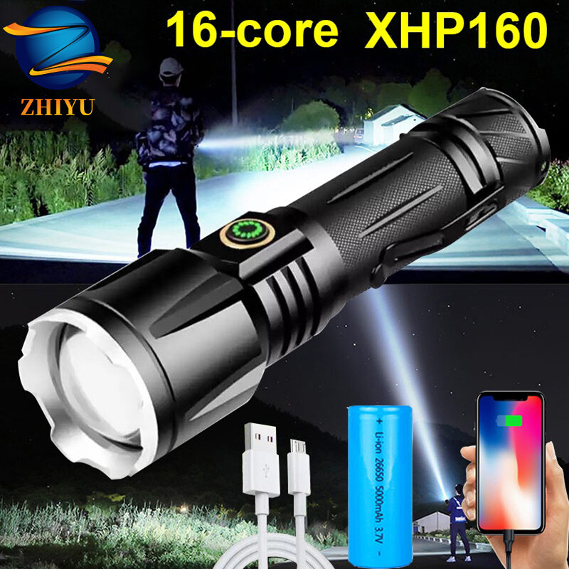Linterna LED XHP160 superpotente, recargable por USB, luz de Flash táctica 18650, lámpara de mano impermeable con zoom