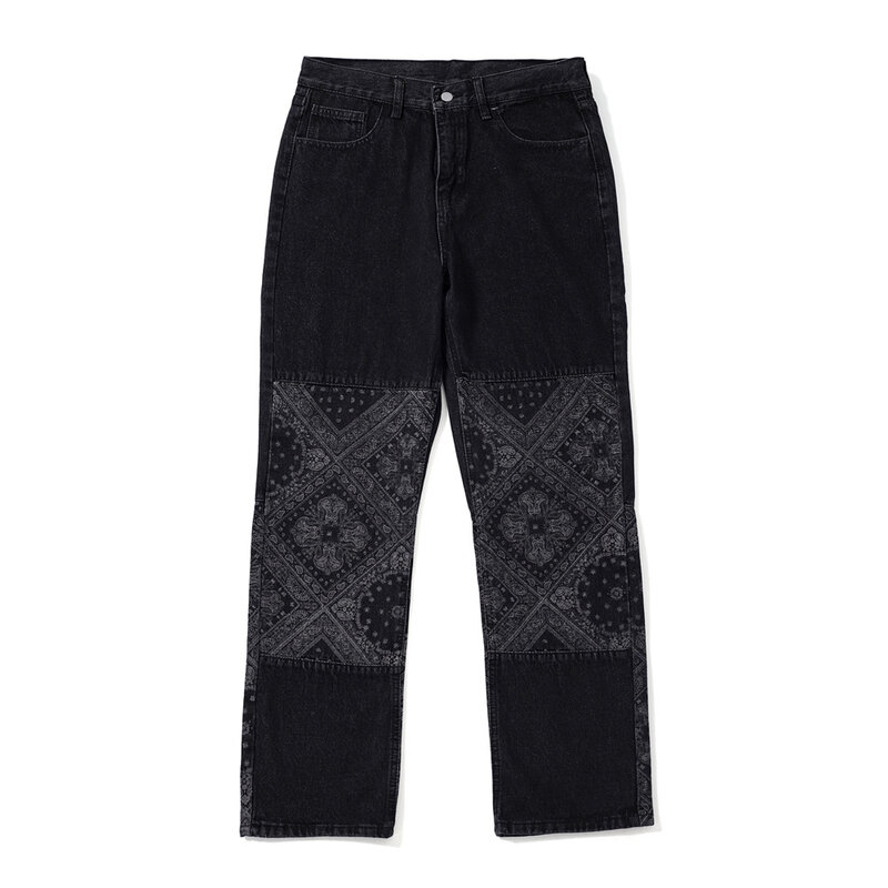 2021 Koreaanse Mode Cashew Bloemen Patchwork Vintage Mannen Rechte Jeans Broek Hip Hop Baggy Casual Denim Broek Pantaloni Uomo