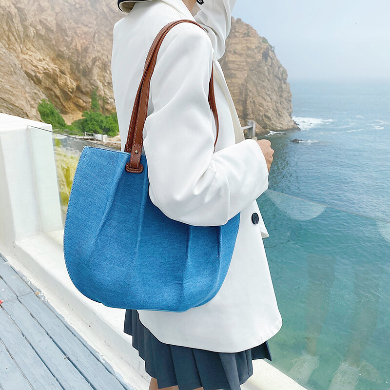 女性のためのキャンバスのハンドバッグ,大容量,カジュアルなデザイン,青い色,ハンドル付き