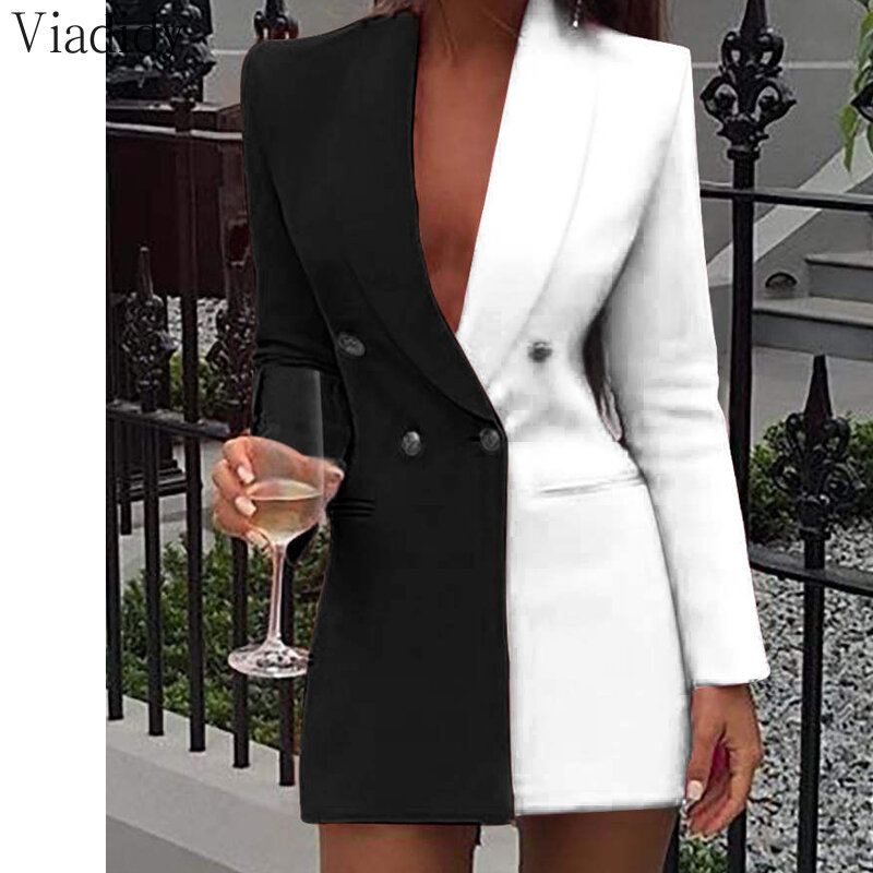 Women Blazer Dress Colorblock Sequins Long Sleeve Double Breasted Party Bodycon Dress