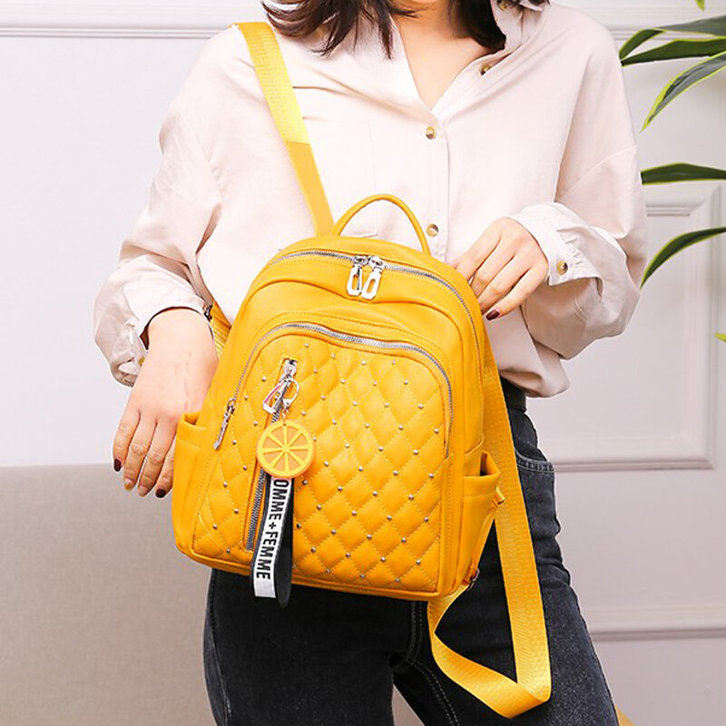 Women's backpack 2021 new rivet multifunctional bag soft PU leather youth girl student schoolbag yellow main fashion backpack