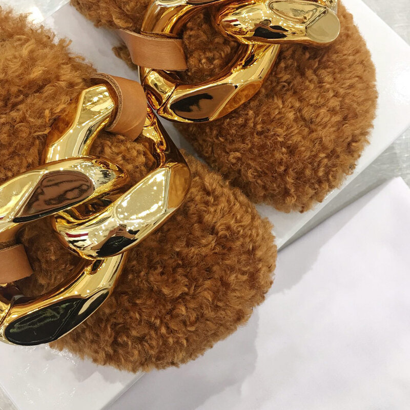 Furry Fur slajdy złoty łańcuch klapki pluszowe projektant puszyste klapki kobiet Luxur marka projektant klapki damskie buty