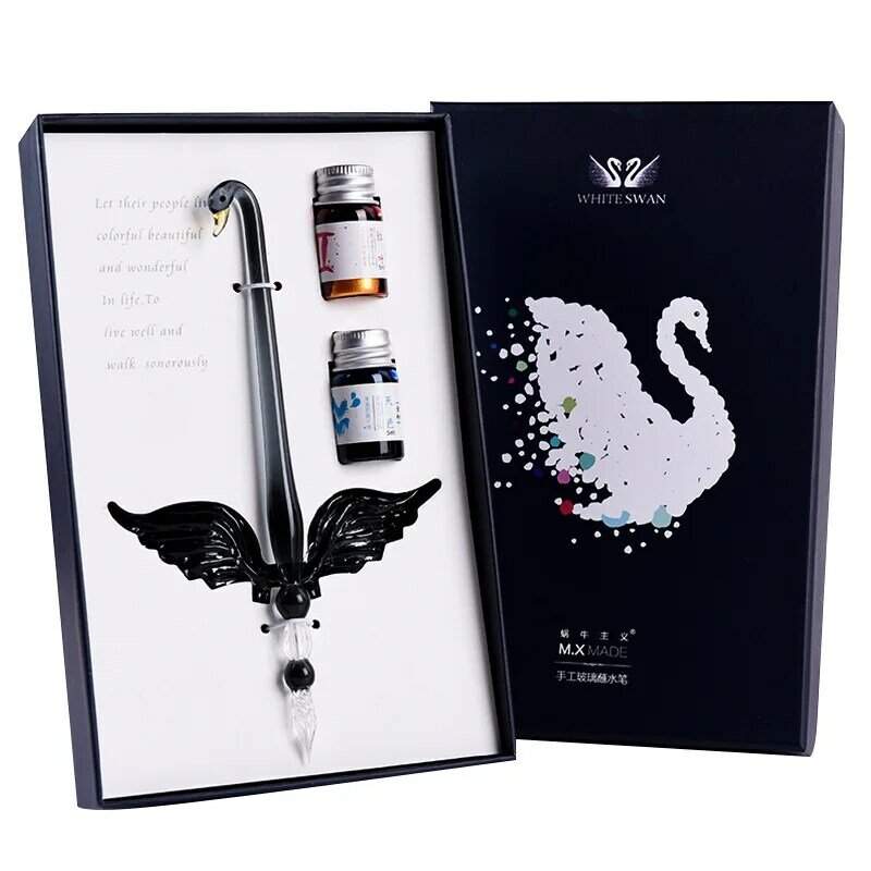 Juego de bolígrafos de cristal hechos a mano con forma de cisne, pluma estilográfica para caligrafía, alas de Ángel, regalo para parejas