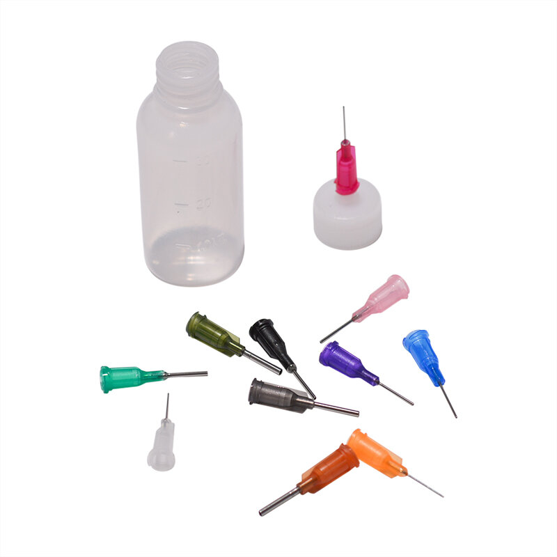 Botella dispensadora de agujas de polietileno transparente, dispensador para pasta de fundente de soldadura de colofonia + 11 agujas, 30ml, 1 unidad