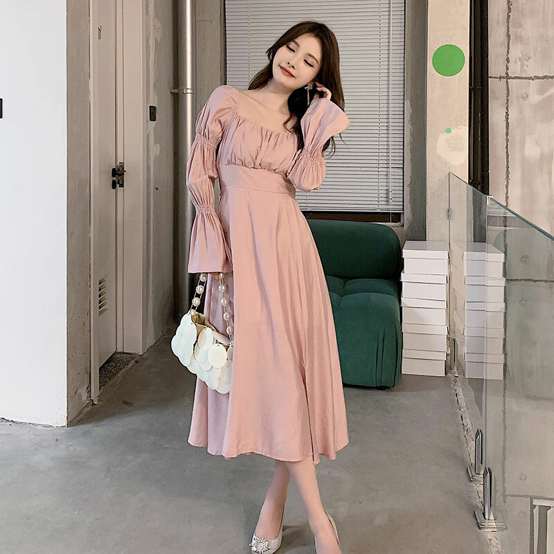 Hebe&Eos 2021 Autumn Elegant Casual Women's Dresses Long Flare Sleeve Sexy Party Midi One Piece Dress Pink Korean Chic Sundress