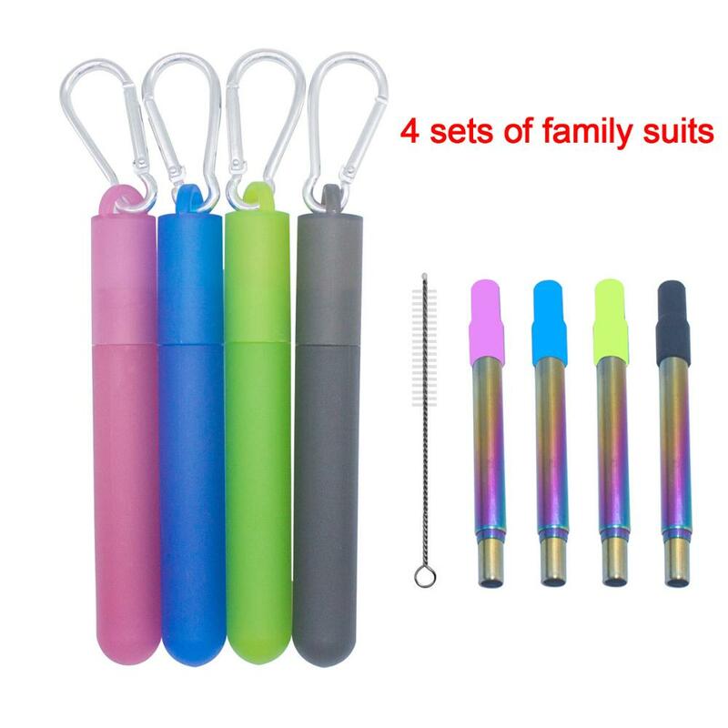 4 Sets of Stainless Steel Reusable Retractable Three-section Straws with Nozzle and Cleaning brush Plastic Box and Key Ring