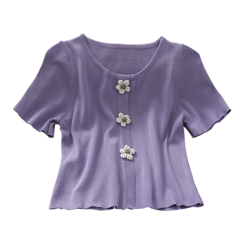 Primavera e verão de três botões em torno do pescoço curto camiseta de malha de cor sólida umbilical