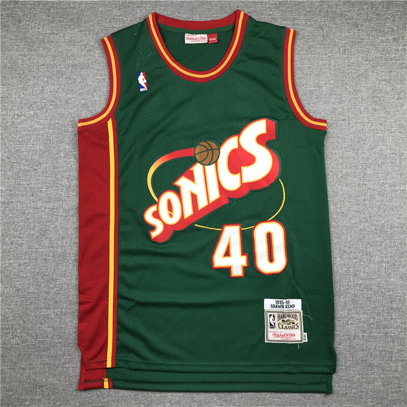 Зеленая футболка NBA, красные мужские баскетбольные майки Seattle SuperSonics 40 Shawn Kemp