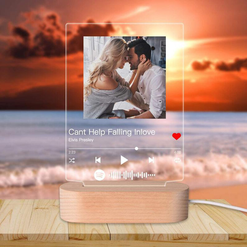 Customized Acrylic Photo Music Album Cover Wooden Base Night Light Personalized Spotify Scan Code Song Poster Artist Name Plaque