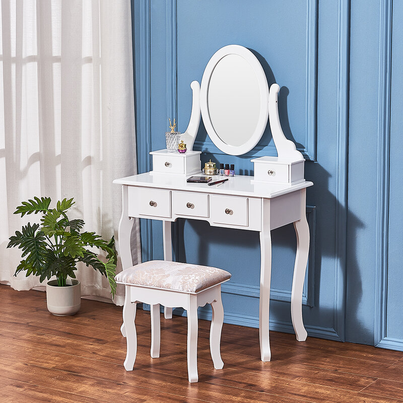Panana Luxury Wooden Dressing Table Makeup & Stool Mirrors Jewellery Cabinet 5 Drawers 360° Spinning Mirror