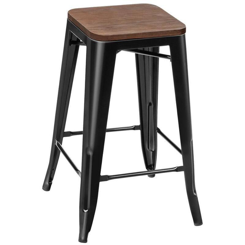 Conjunto de 4 altura contrária backless barstool 26 metal stool metal empilhável fezes com assento de madeira HW66692BK-4