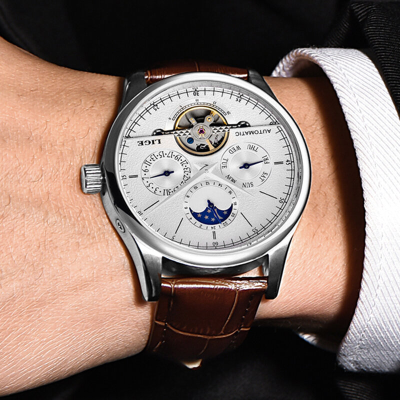 2022 lige marca moda prata dos homens relógio mecânico masculino tourbillon relógios automáticos de couro casual relógio esportivo relojes hombre