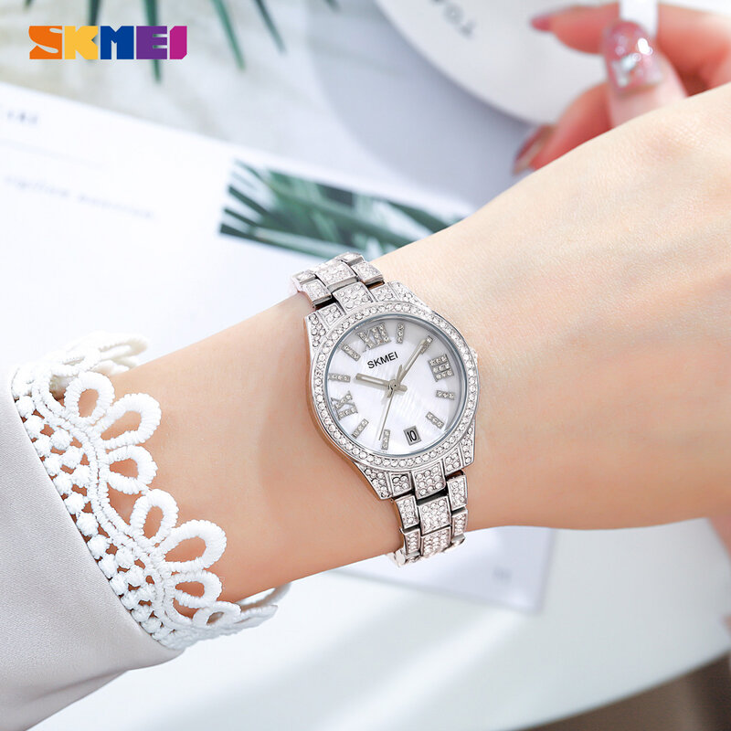 Luxe Gouden Diamant Vrouwen Horloge Quartz Horloge Skmei Merk Top Fashion Rvs Dames Horloges Elegante Klok Relojes