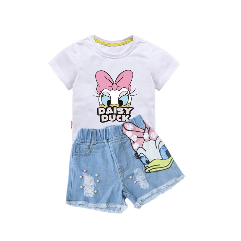 Tenues d'été pour filles, chemise en jean avec motif de dessin animé imprimé canard et paillettes à trous cassés, ensemble vêtements pour enfants