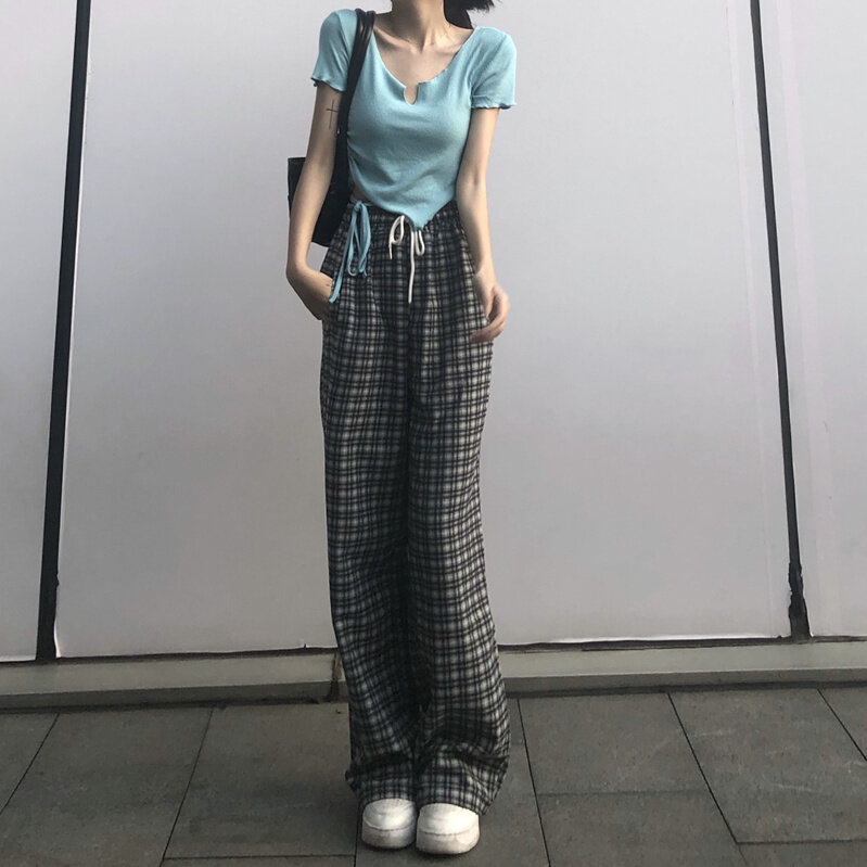 Женские клетчатые штаны в стиле Харадзюку, пижама большого размера с широкими штанинами, с высокой талией, в Корейском стиле, клетчатые, с ши...