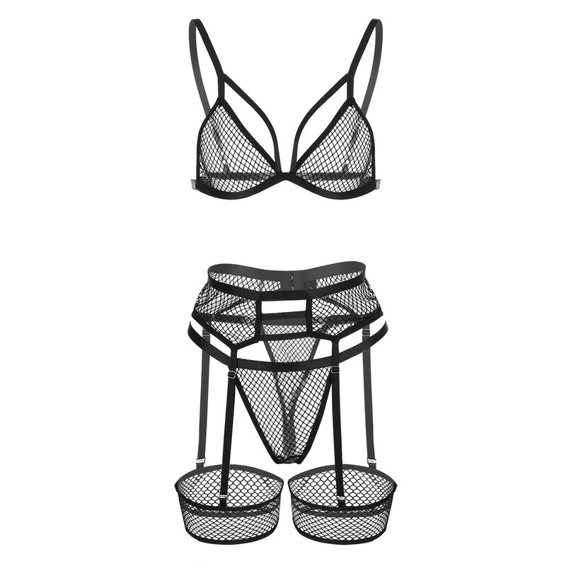 Conjunto de lingerie transparente de renda 3 pçs, lingerie sensual, roupa de dormir feminina, plus size, pijama sem fio, liga push up 2021