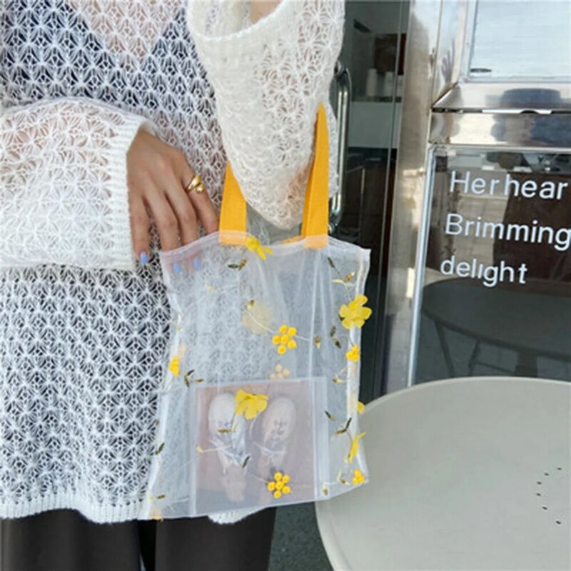 Bolsa para compras portátil bordada 3d, bolsa pequena de malha transparente reutilizável e dobrável para compras, bolsa de mão feminina para armazenamento